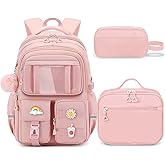 School Backpack for Girls - 5pcs Cute Girls Backpack with Lunch Box for Teens Kids Elementary Middle School - 17″ Students Bookbag Travel Back Pack for Age 6-18