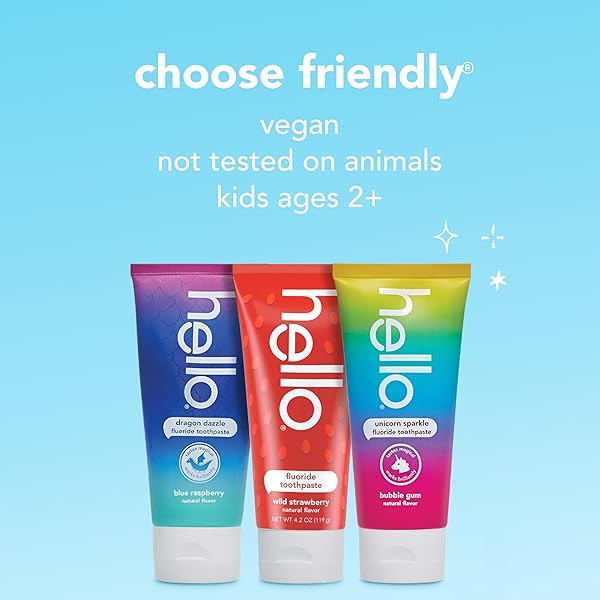 HELLO KIDS FLUORIDE TOOTHPASTE VARIETY PACK, INCLUDES A STRAWBERRY TOOTHPASTE, UNICORN BUBBLE GUM TOOTHPASTE, AND BLUE RASPBERRY TOOTHPASTE, SAFE FOR AGES 2 AND UP, 3 PACK, 4.2 OZ EACH