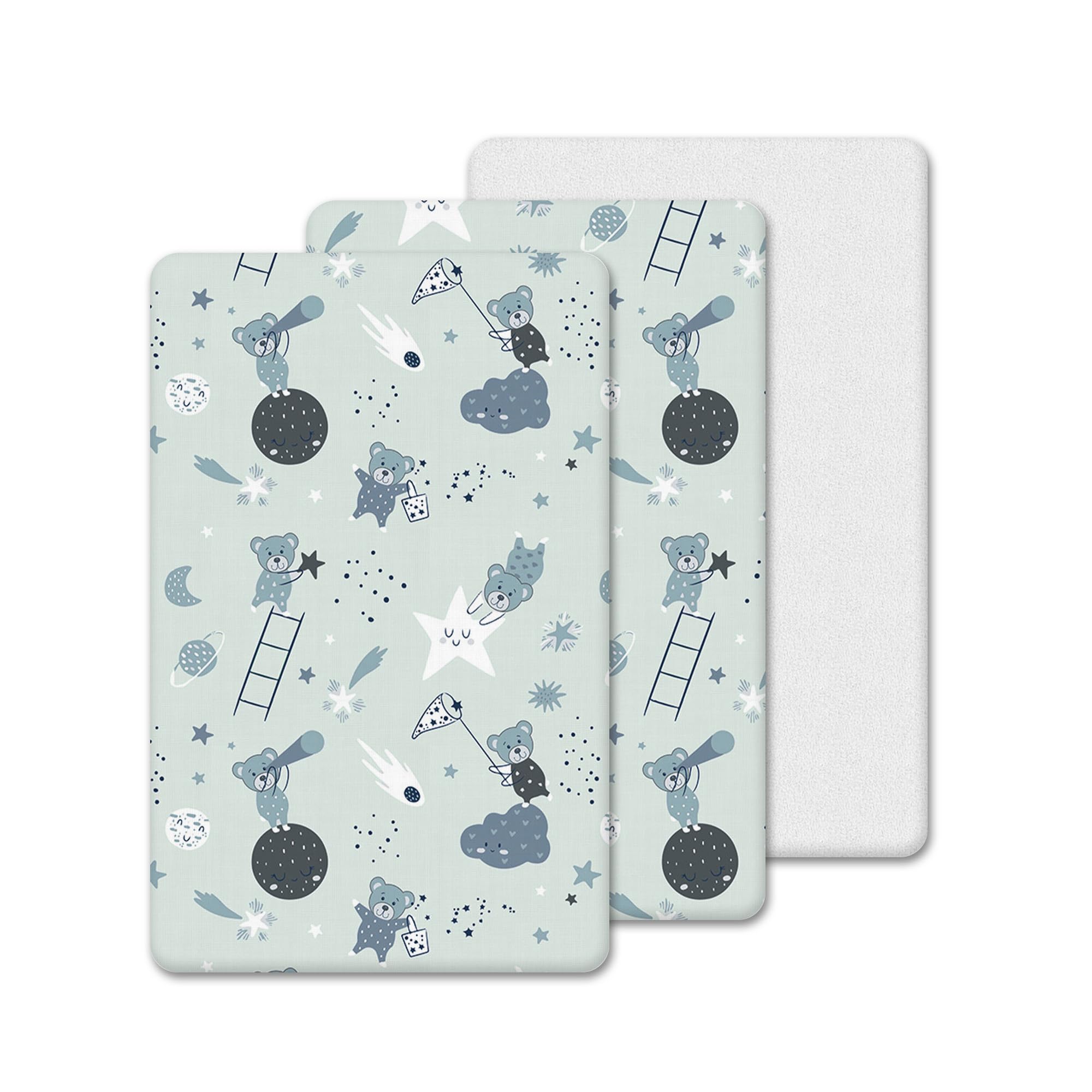 3 Pack Next To Me Compatible Crib Fitted Sheets - 100% Cotton 2 Fitted Sheets, 1 Waterproof Mattress Protector - Breathable, Soft & Antiallergic (Grey Teddy & Moon, 85 x 51 cm)