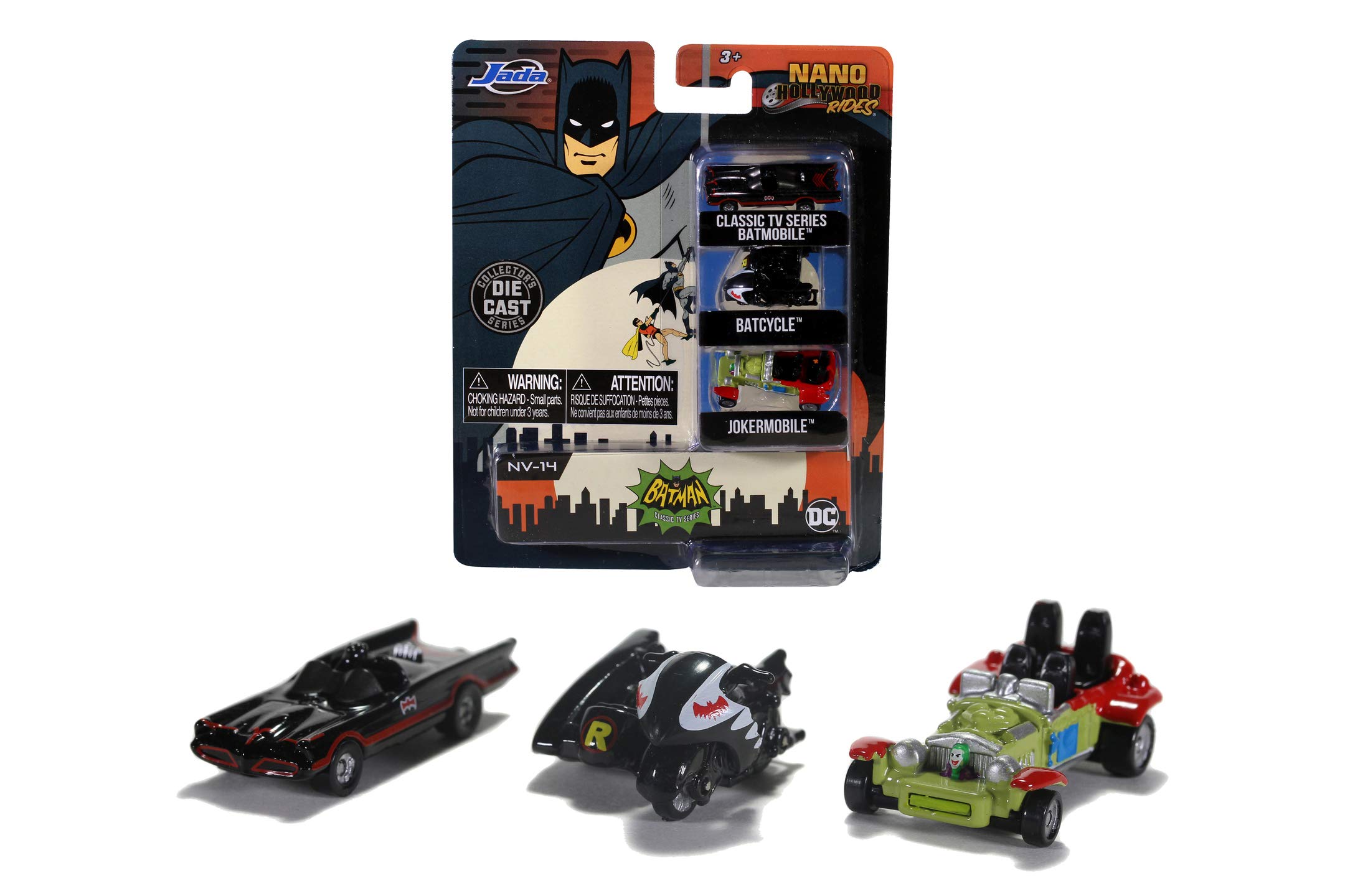 Jada Toys Batman Set of 3 Nano Collectible Cars from Die-Cast, Batcycle, Batmobile, Joker Batmobile, Toy Cars, Set, 4 cm, from 8 Years