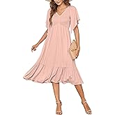 PYGFEMR Women's 2024 Summer Dresses Empire Waist Smocked Flutter Short Sleeve V Neck Midi Dresses Pink L
