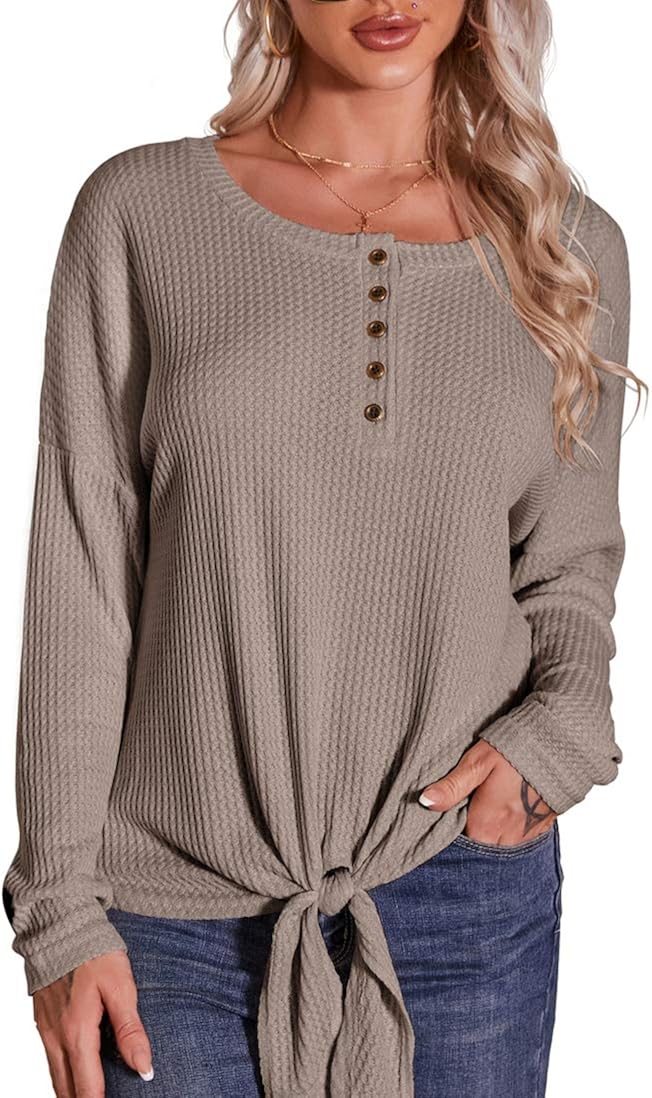 IWOLLENCE Womens Waffle Knit Tunic Button Up Shirts Tie Knot Front Tops Loose Pullover Blouses at  Women’s Clothing store