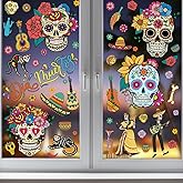 Day of The Dead Window Clings Sugar Skulls Window Stickers Halloween Window Decals Window Glass Clings Wall Art Decorations Mexican Fiesta Party Home Living Room Office Window Clings Decor 9 Pcs