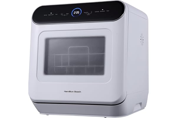 Hamilton Beach Portable Countertop Dishwasher No Hookup Unit with 6-Liter Water Bank for Tabletop, Apartment, or RV, Compact Dishwashing and Drying Machine, Delay Timer, Rapid Cleaning