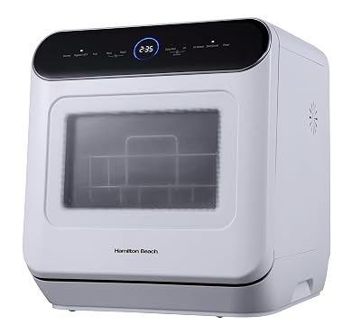 Hamilton Beach Portable Countertop Dishwasher No Hookup Unit with 6-Liter Water Bank for Tabletop, Apartment, or RV, Compact Dishwashing and Drying Machine, Delay Timer, Rapid Cleaning