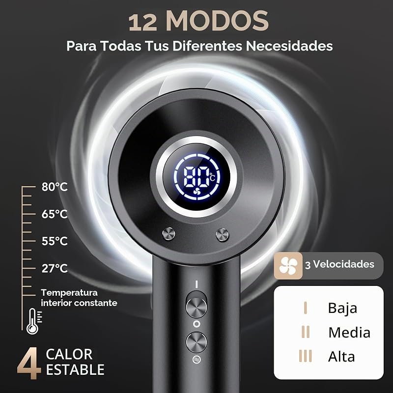 Secador Pelo Profesional Iónico con Difusor y Boquilla, Pantalla Digital