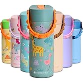 Elemental Insulated Kids Water Bottle, Stainless Steel Water Bottle with Straw Lid & Pop-It Handle, Leak-Proof Water Bottles for School, Boys or Girls, Travelling and Sports, 18oz - Safari