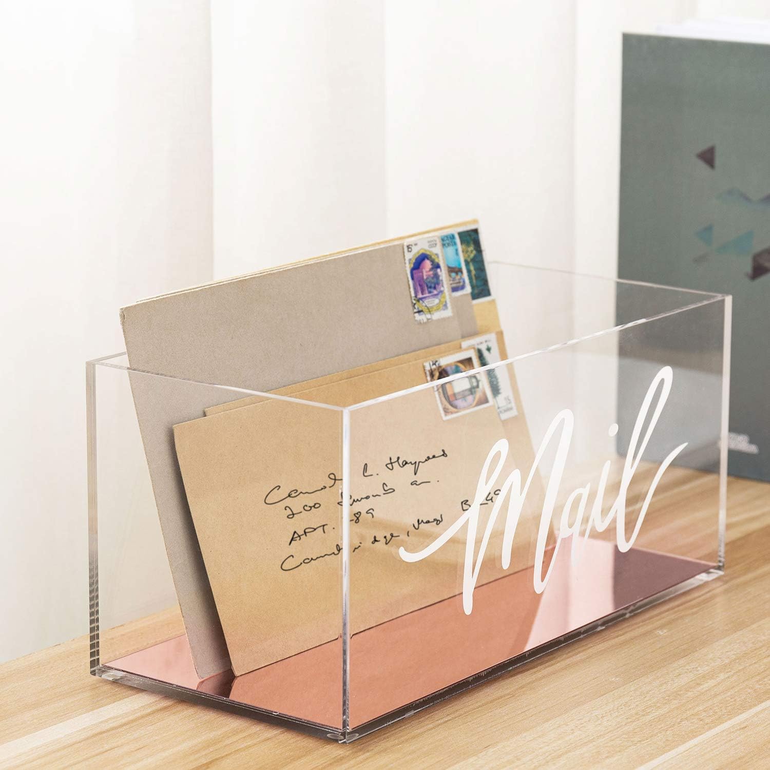 MyGift Home Office Clear Acrylic Tabletop Mail Sorter Storage Holder Box with Rose Gold Mirror Base : Office Products