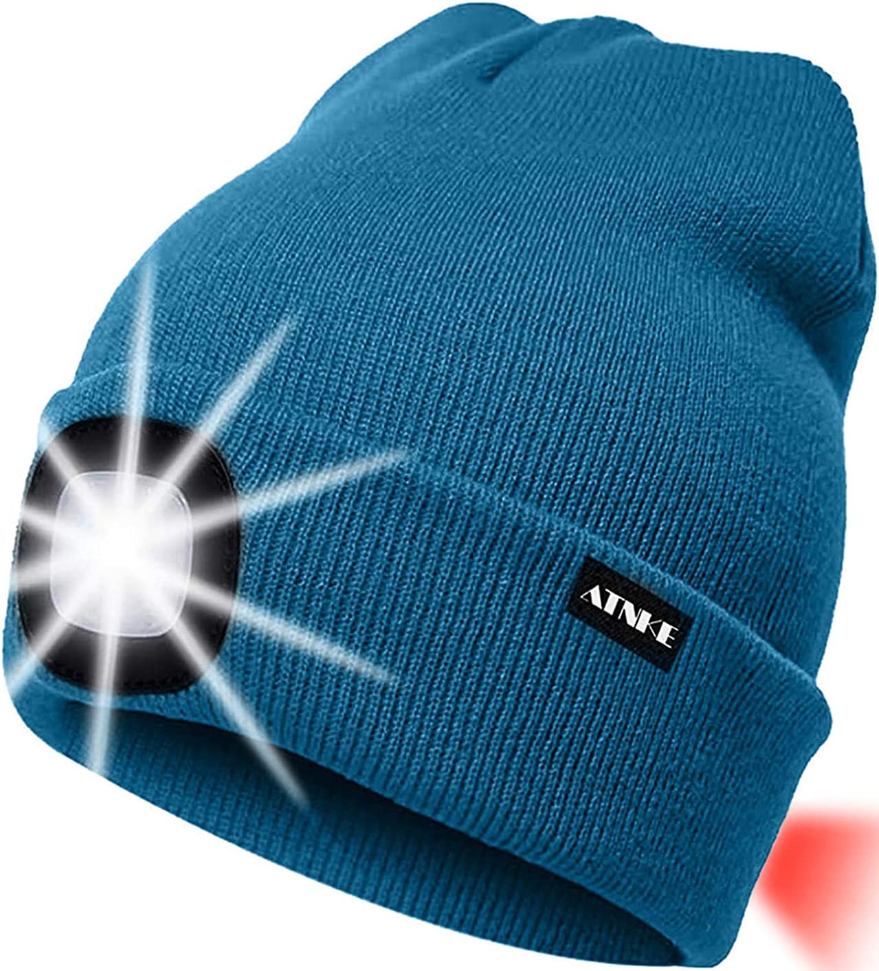 ATNKE 8LED Lighted Knit Hat,USB Rechargeable Running Headlamp Cap Ultra Bright Waterproof Light Lamp and Flashing Alarm Red Tail Light Multi-Color/Peacock Blue
