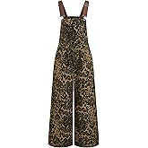 CIDER Overalls for Women Denim Leopard Pocket Buckle Up Wide Leg Jumpsuit