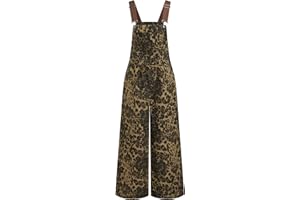 CIDER Overalls for Women Denim Leopard Pocket Buckle Up Wide Leg Jumpsuit