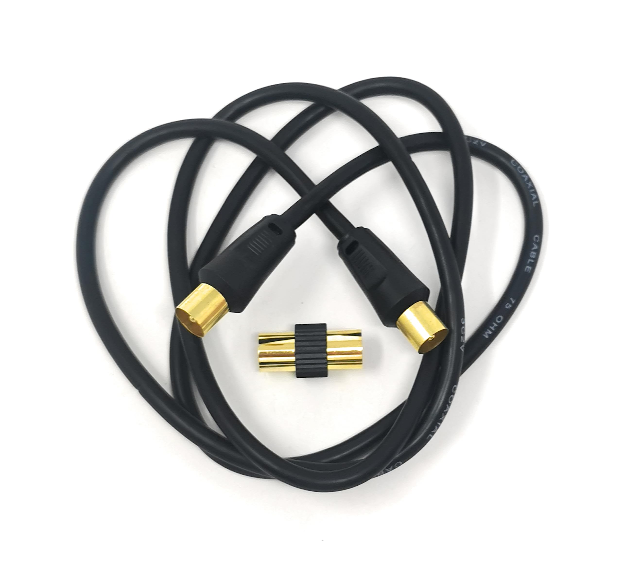 TV Aerial Coaxial Cable Male to Male RF Antenna Coax Lead Compatible with Sky SkyHD, Virgin, BT, Satellite TV, VCR, DVD Players. Comes with Female Coupler, Gold Plated Connectors (1m, Black)