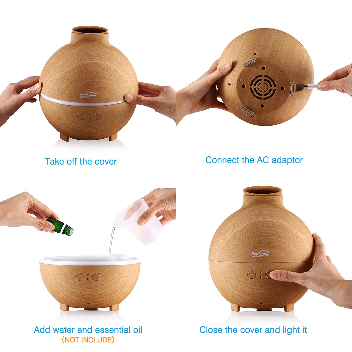 Housmile Large Essential Oil Diffuser for Aromatherapy 600ML Aroma Cool Mist Humidifier Globe - Ultra Quiet Ultrasonic Nebulizer - Last Overnight - Wood Grain