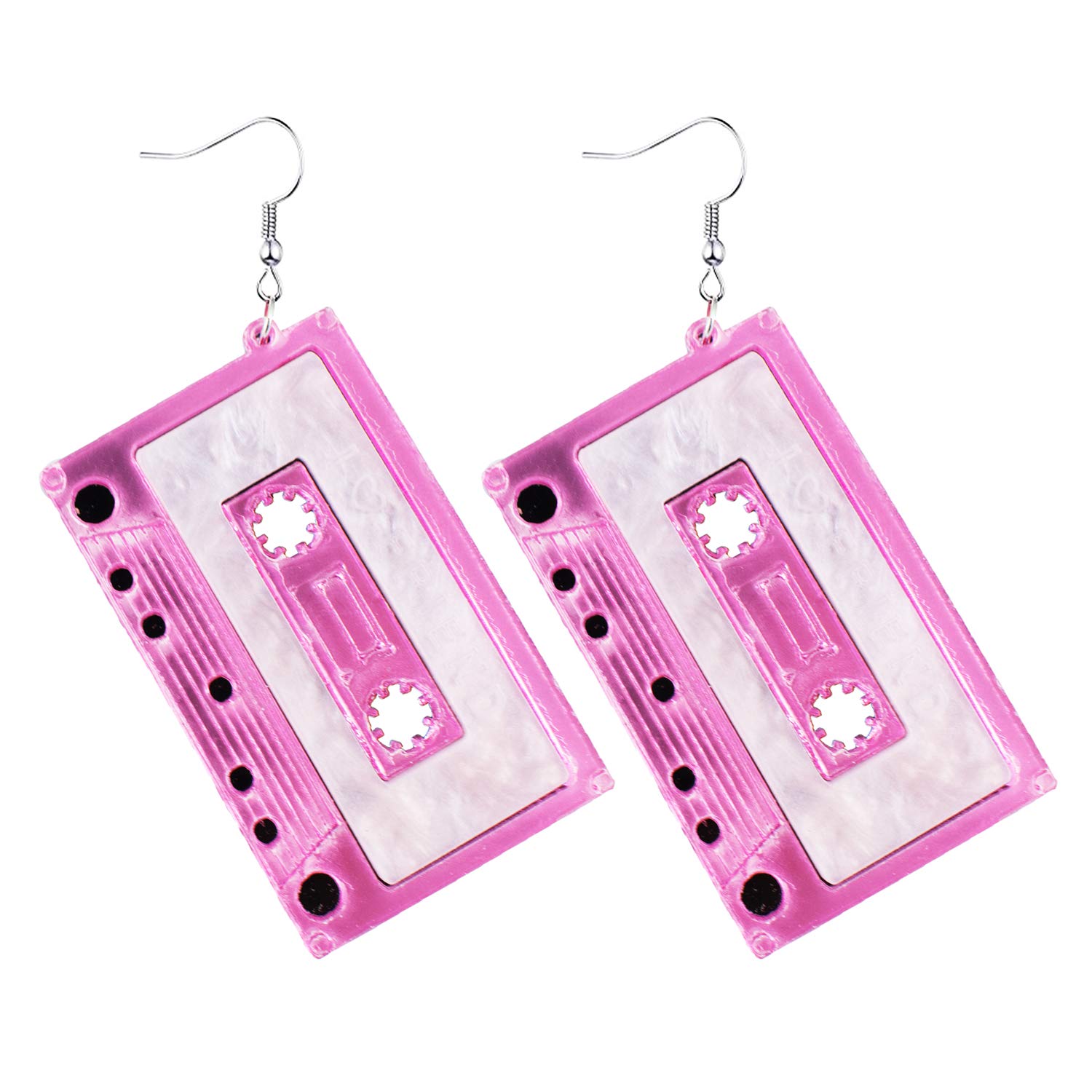 1980s Fashion Acrylic Magnetic Tape Earrings for 80’s Party Women Girls Punk Retro Cassette Crush Colorful Drop Dangle Party Night Club Pretty Jewelry Silver (Pink)