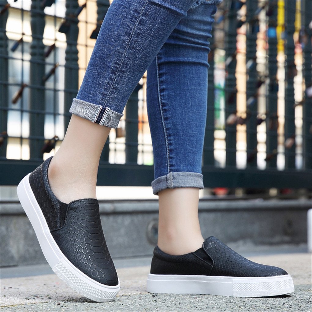 Ruiatoo Women\'s Fashion Slip-on Sneakers Snake Print Comfortable Leather Flat Shoes Black 37