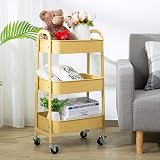 DOEWORKS Storage Trolley on Wheels 3-Tier Metal Cart 70cm Khaki Yellow view 3