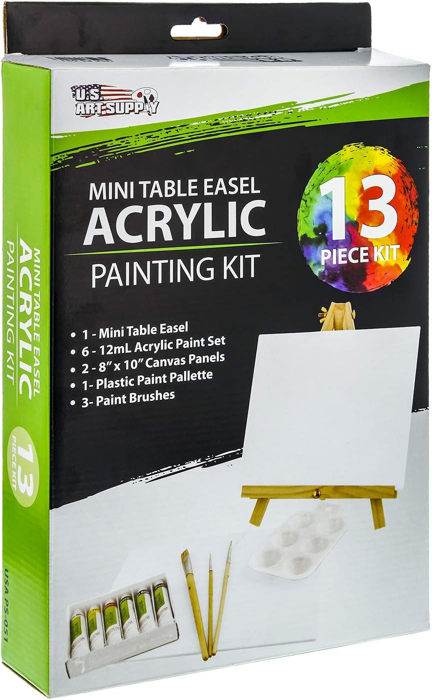 U.S. Art Supply 13-Piece Acrylic Artist Painting Set with Mini Table Easel, Canvas Panel, Brushes & Palette
