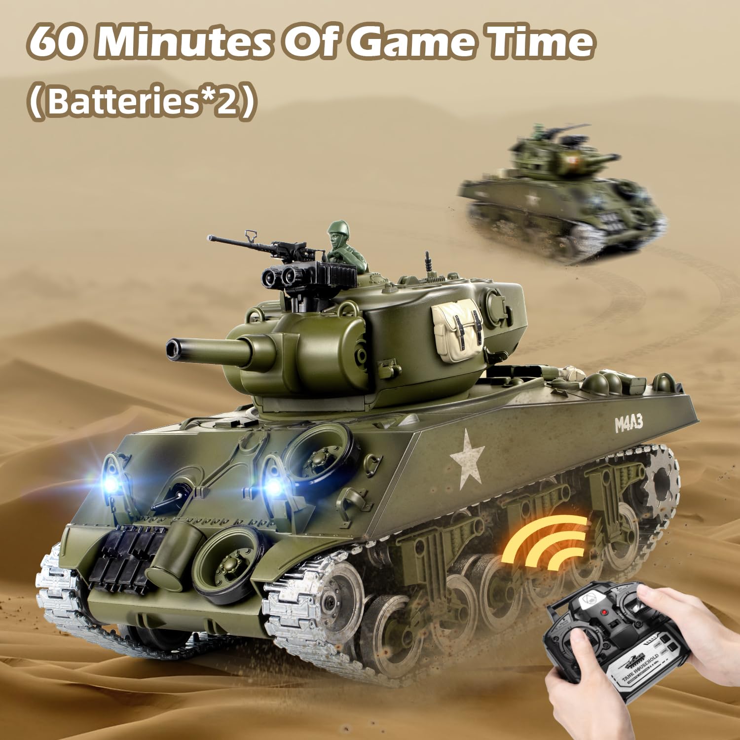 Supdex 1:18 RC Tank, Metal US M4A3 Sherman Remote Control Model Army Tank That Shoots BBS and Water Bombs, 2.4Ghz RC Vehicle Military Toys with Smoke, Lights, Sound, and Recoil for Kids and Adults