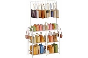 HAYEXIHA Large Purse Organizer for women with 10 Purse Hanger, 3-Tier Double Row Purse Rack Stand with 6 Side Hooks for Purse Storage, Space Saving Floor-Standing Handbag Organizer for Closet & Narrow Spaces