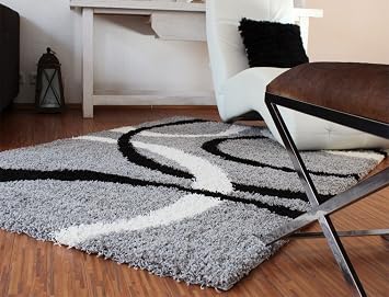 Phc Teppich Hochflor Shaggy Linien Muster Grau Schwarz Weiss