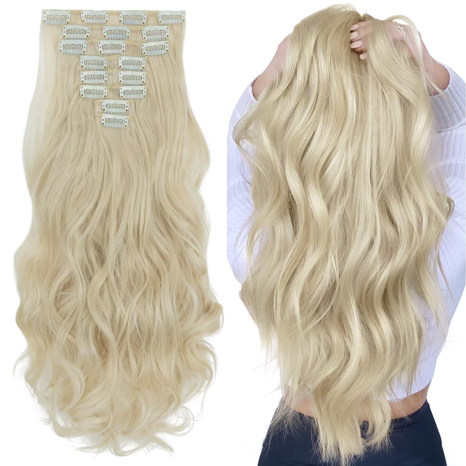 17" 8Pcs Clip in Hair Extensions Bleach Blond Synthetic Hairpiece Extension Curly Wavy Hair Pieces For Full Head — image 1