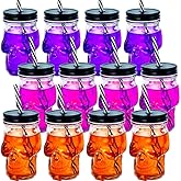 CZBRO 12 Pcs Halloween Skull Mason Jar Clear Glass Tumbler, 16 Oz, Modern, Reusable, Transparent, With Lid, Straw, Halloween, Themed Parties
