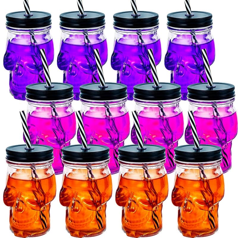 Photo 1 of 12 Pcs Halloween Skull Mason Jar Clear Glass Tumbler, Halloween Drinking Glasses with Lid, Clear Glass Cups with Skull, Skull Mason Cup with Straw, Mason Jar Cup for Halloween, Theme parties, Bars