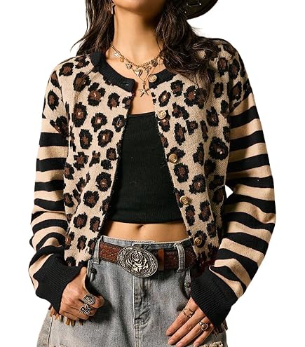 SOLY HUX Women's Leopard Cardigan Sweater Y2k Striped Colorblock