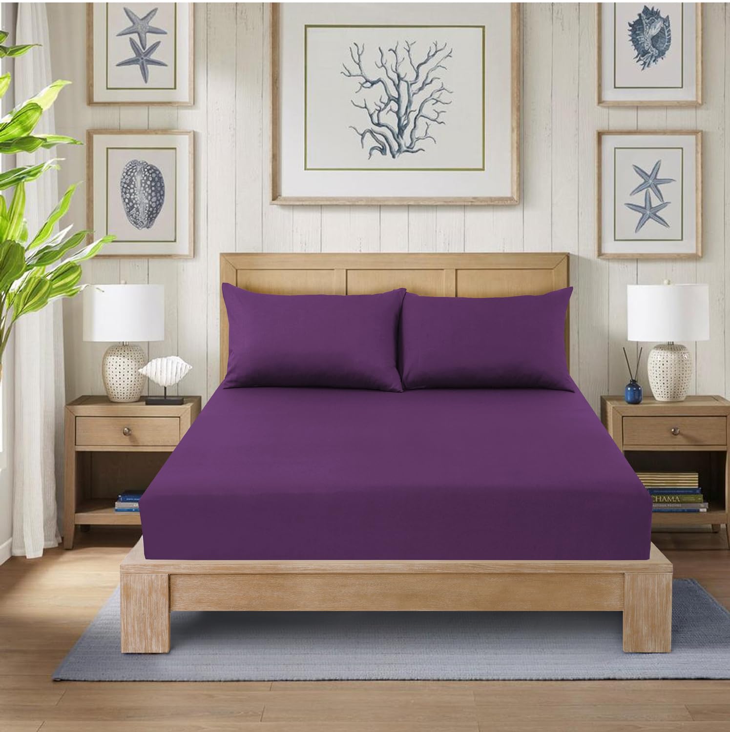 CHARKHAH Polycotton Fitted Sheet for Single Double King Super King Bed 200 Thread Count Anti Wrinkle Plain Bedding 25 cm Extra Deep Fitted Sheets Cover with Elastic Edges (Plum, Single)