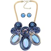 Florate Colorful Bead Crystal Pendant Necklace Earrings Set for Women Big Chunky African Statement Vintage Ethnic Flower Bohemian Female Rhinestone Tribal Jewelry Set