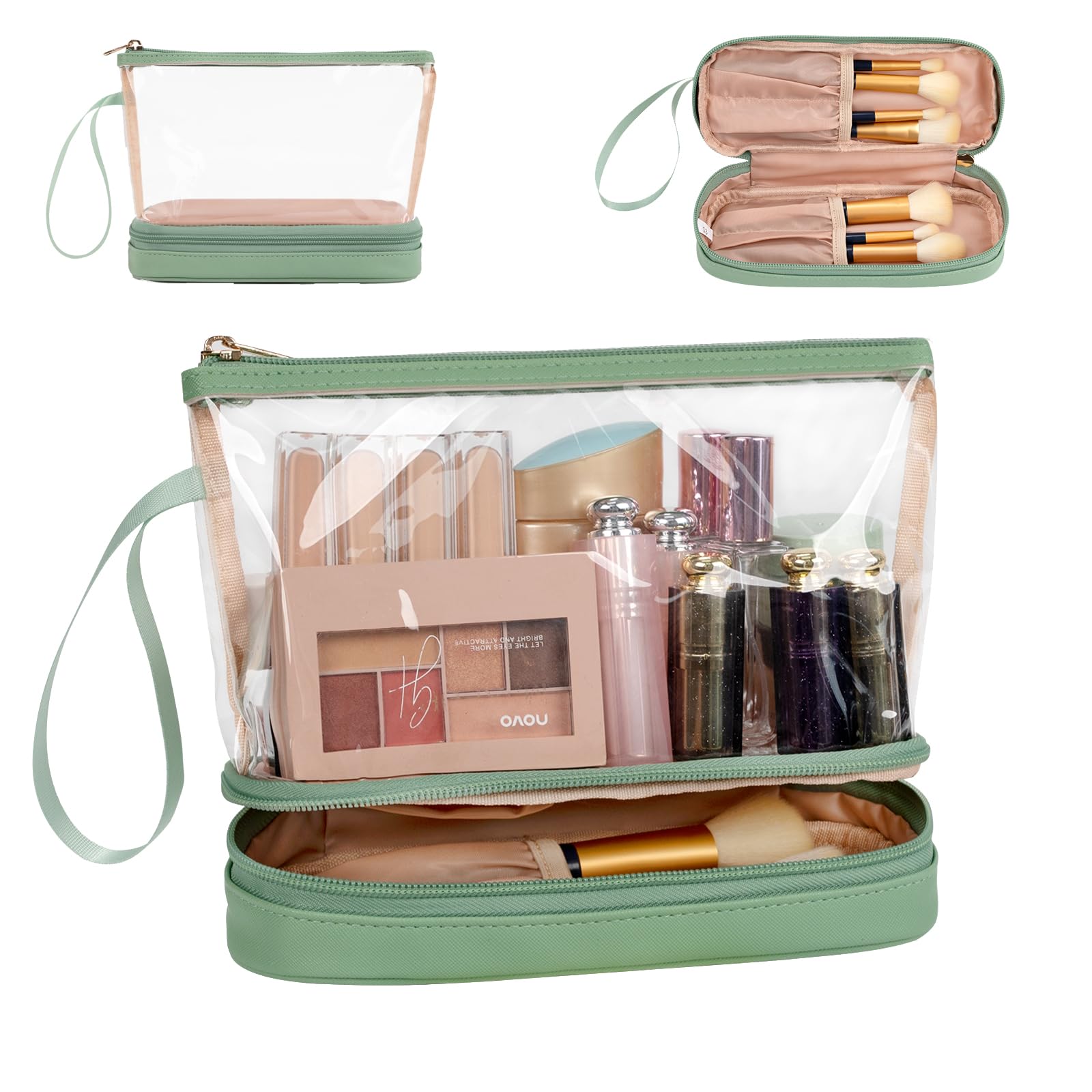 Photo 1 of Ethereal Clear Makeup Bag, Green TSA Approved Toiletry Bag with Brushes Compartment Small Travel Make up Bags for Women