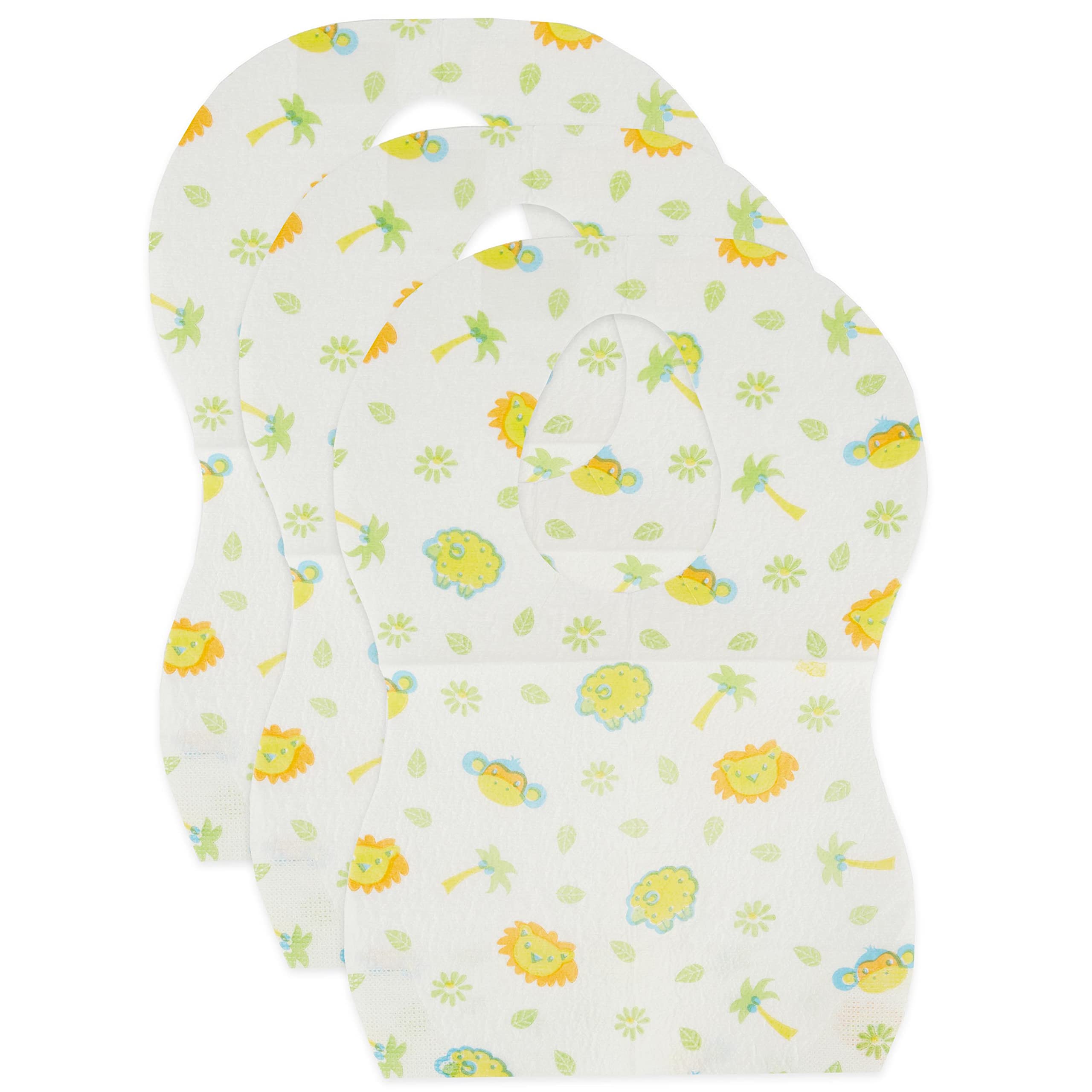 BIECO Disposable Baby Bibs | 30 Pack Cellulose Bibs | Ideal for Travel | Baby Weaning | White with Fun Designs | Tie-On | Shower Gifts