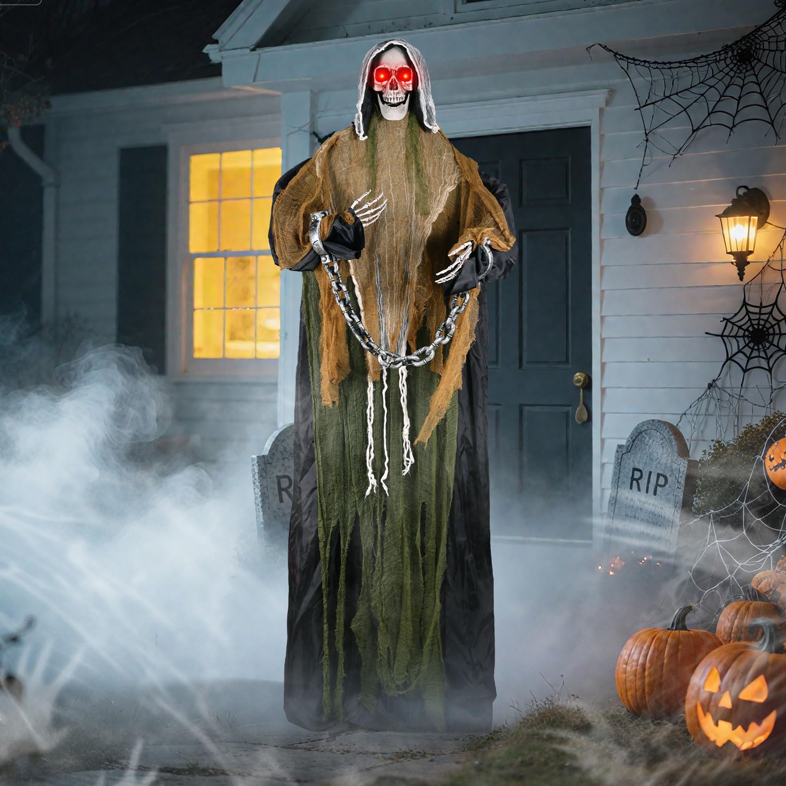 Photo 1 of 74" Halloween Decorations Outdoor Life Size Animatronics Grim Reaper with Chain, Creepy Sound and Red Light-Up Eyes, Scary Haunted House Props for Yard Garden Lawn Party Decor