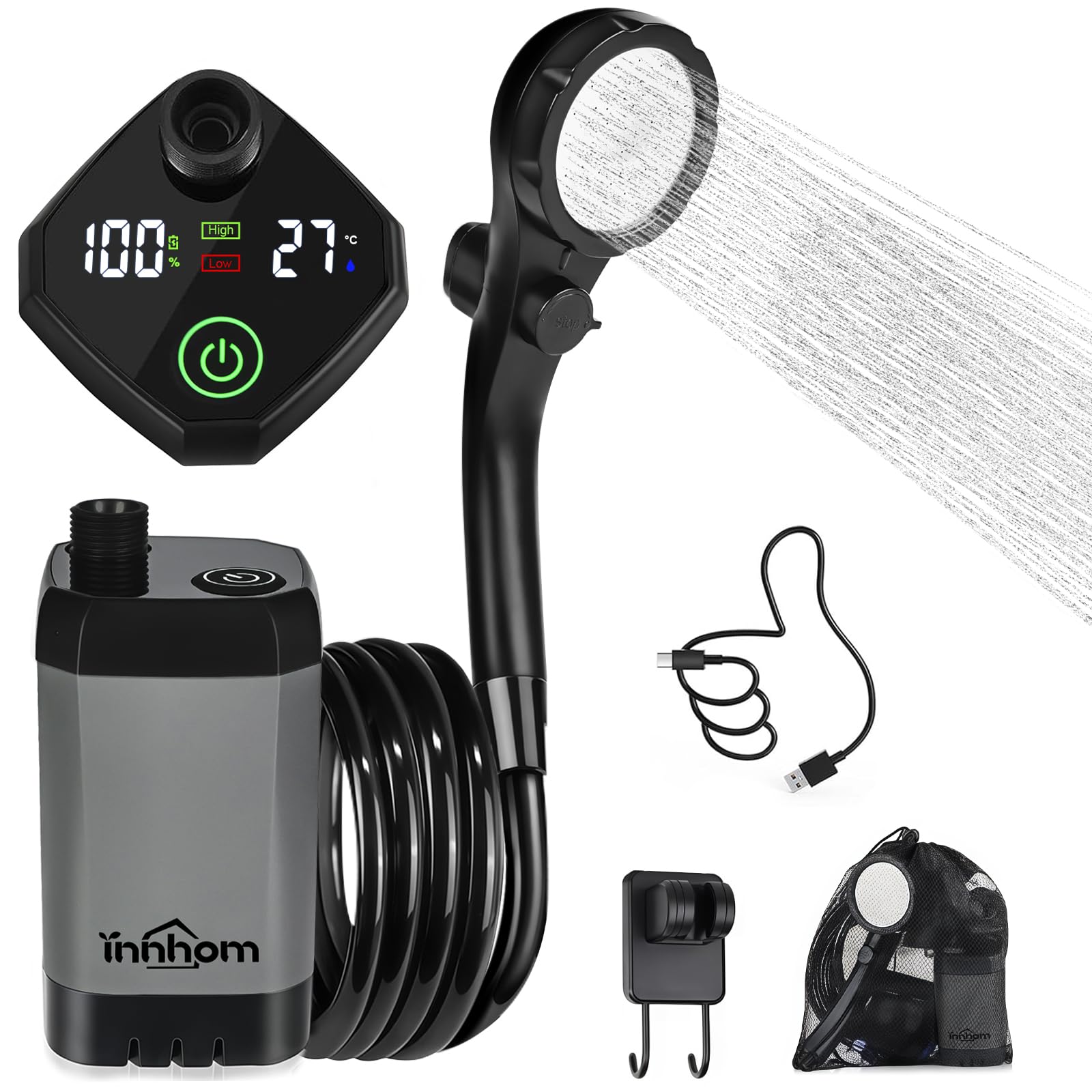 Photo 1 of innhom Portable Shower for Camping, 6000mAh Rechargeable Camping Shower with LED Display, 2 Mode Electric Outdoor Camp Shower pump for Hiking, Travelling, Washing, Grey