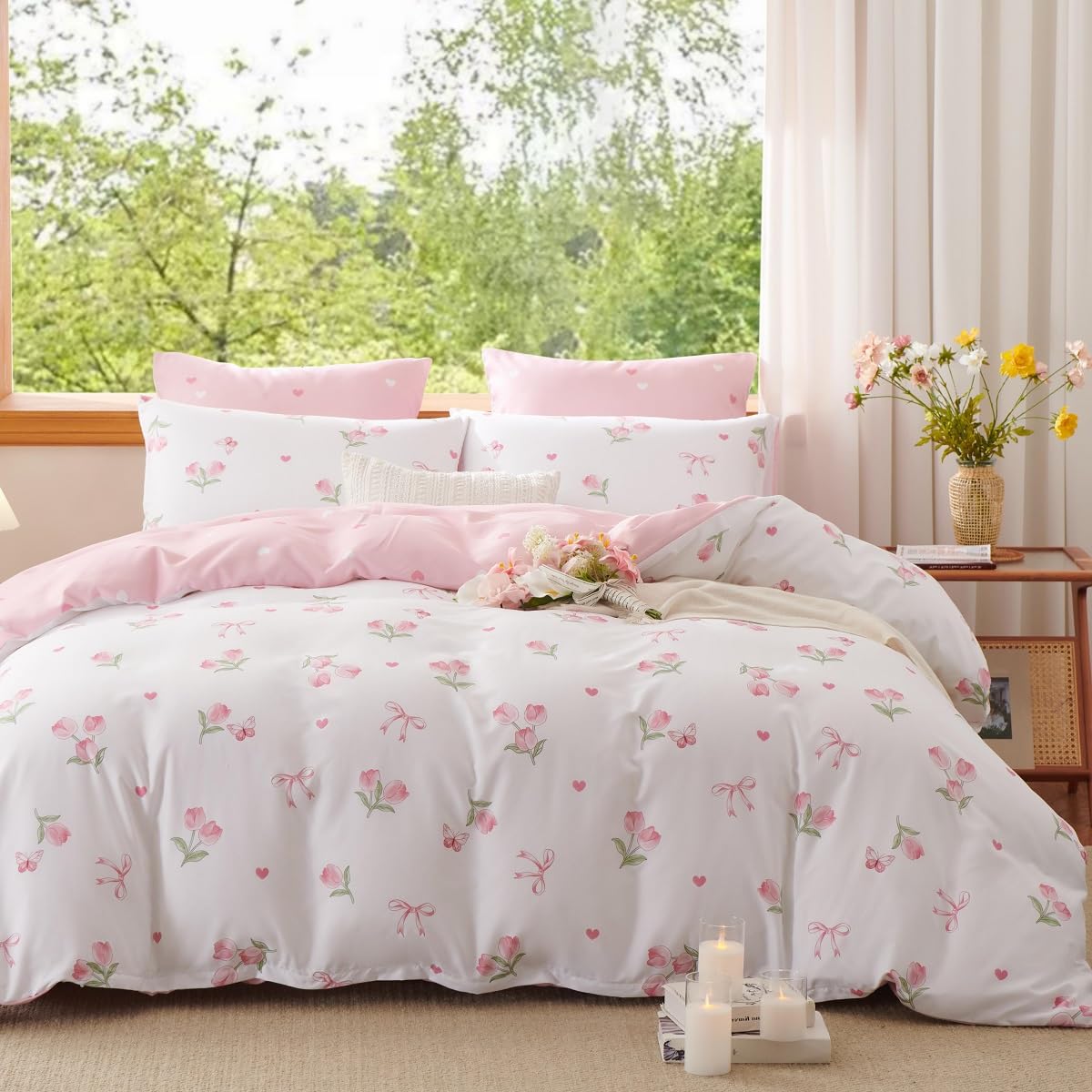 Photo 1 of Erwinmu Floral Comforter Set Queen Size - 3 Pieces Pink White Floral Tulips Bow Comforter Bedding Sets Reversible Pattern,Queen Bed in a Bag with Flowers Comforter and 2 Pillowcases