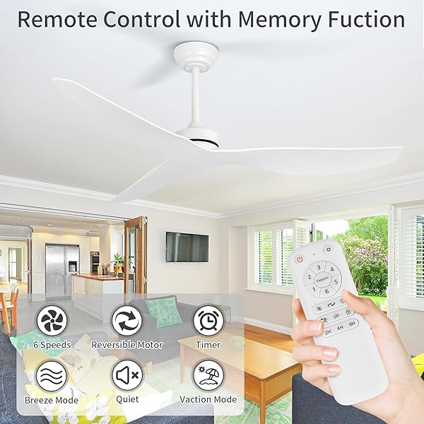 ITNI CEILING FANS WITHOUT LIGHT,52 INCH CEILING FAN WITH REMOTE CONTROL,3 REVERSIBLE BLADE,WHITE CEILING FAN FOR BEDROOM, LIVING ROOM,HALLWAY