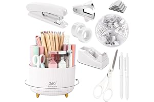SKYDUE White Office Supplies Set, Office Desk Accessories 10PCS, Pencil Holder for Desk, Stapler, Tape Dispenser, Scissors, R