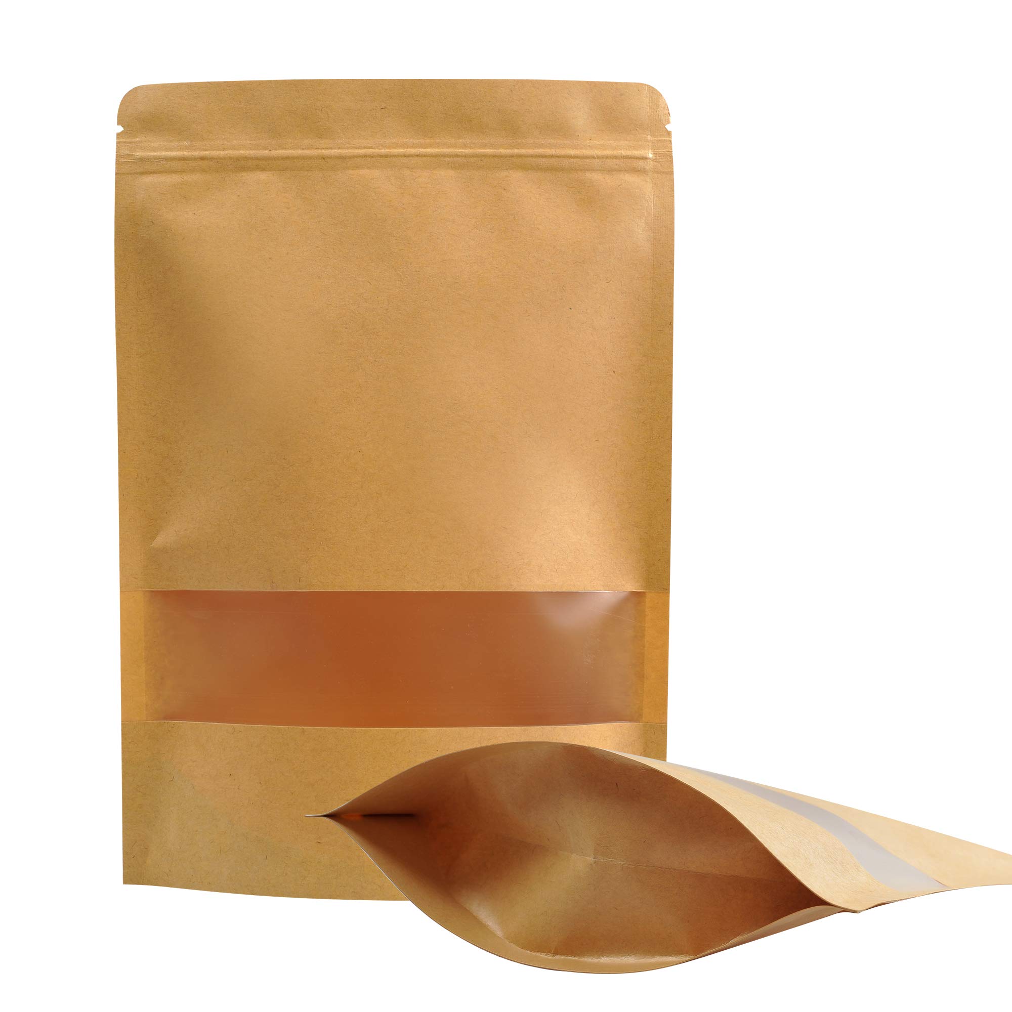 50pcs Kraft Paper Bags with Transparent Window,Resealable Ziplock Stand up Pouch Bags for Food Tea Coffee Beans Nuts Seeds and Dried Fruits 18 * 26cm