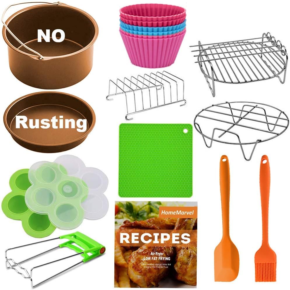 XL Air Fryer Accessories, Set of 12 for Gowise Phillips Cozyna Ninja 4.2/4.5/5.5/5.8/6.5 QT with Recipe Cookbook, Rust Proof 7.5'' Cake Barrel, Pizza Pan, Green Cake Mold