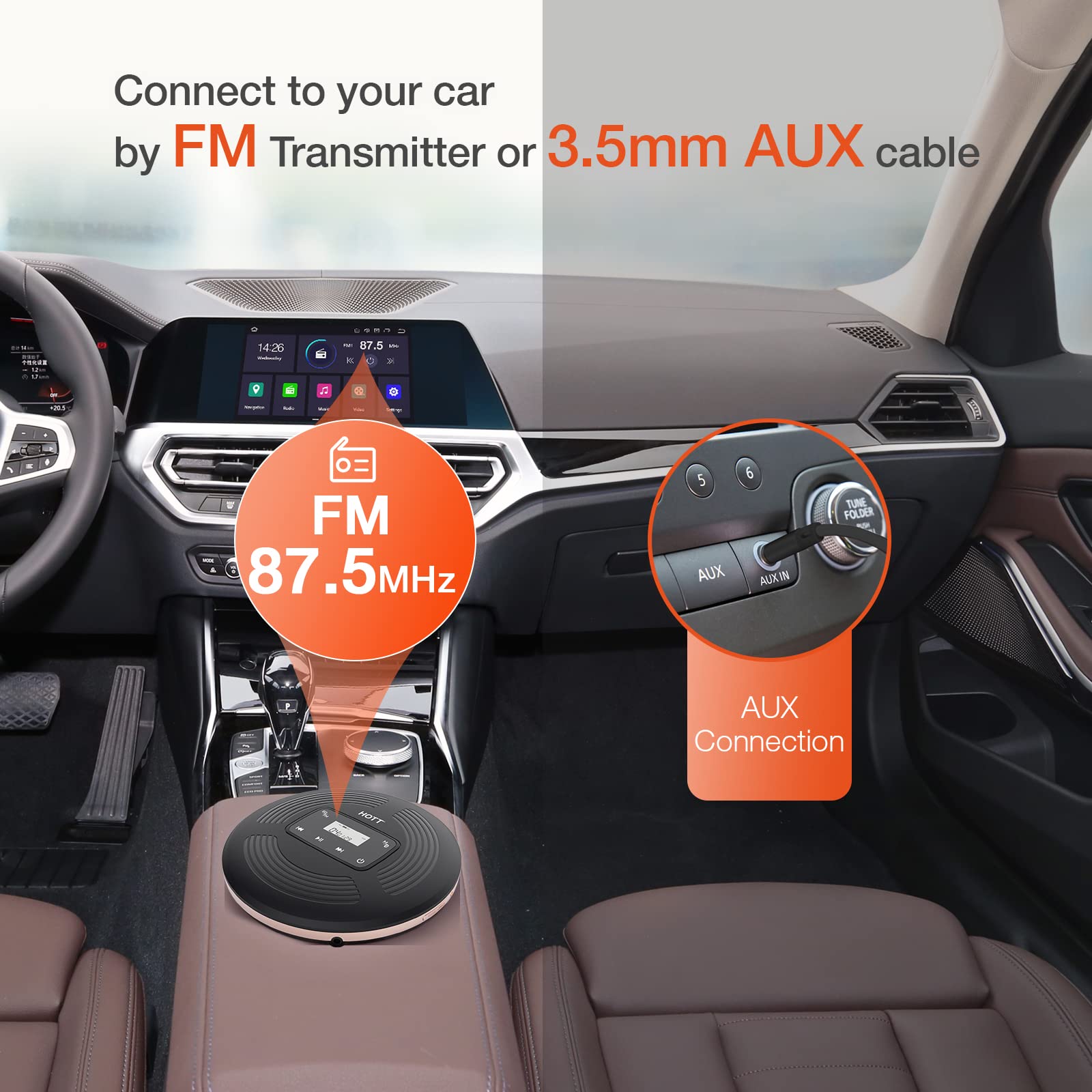 HOTT Portable CD Player with Bluetooth and FM Transmitter with Touch Buttons Backlight,Rechargeable Discman Player with AUX Cable,CD Player Shockproof for Car CD903TF