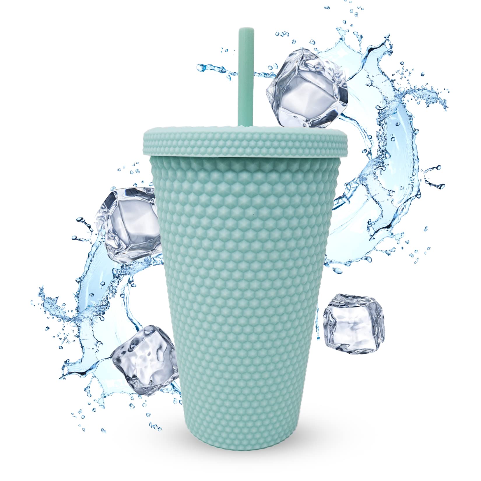Nadia's Little Treasures Studded Tumbler Straw Lid - Plastic Double Walled Cold Cup for iced Coffee, Water, Slush or Smoothies, Your Home Cinema Cup (Matte Mint 16OZ/ 450ml)