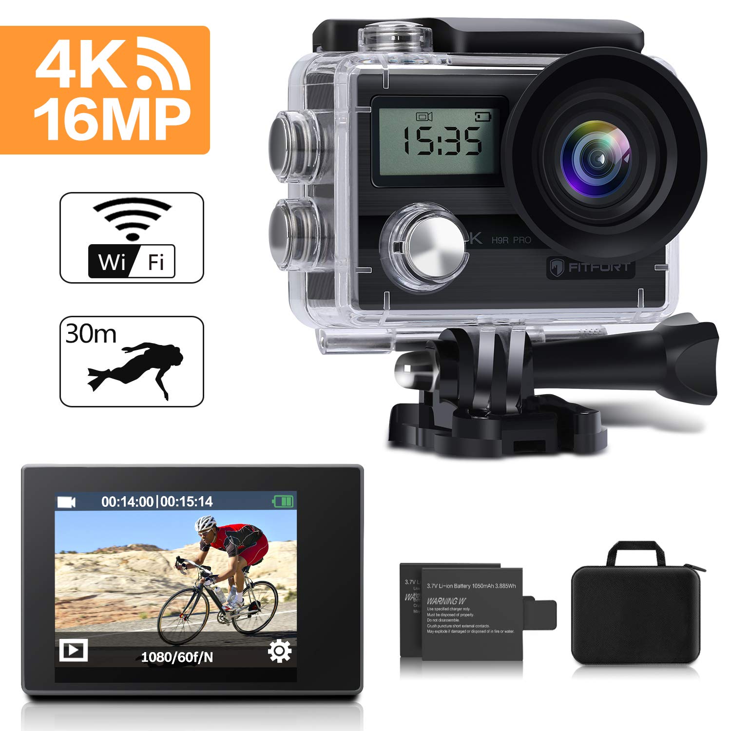 FITFORT Action Camera 4K WiFi Ultra HD Waterproof Sport Camera 16 MP 170 Degree 2 Inch LCD Screen Remote Control 2Pcs Batteries 19 Accessories -Black