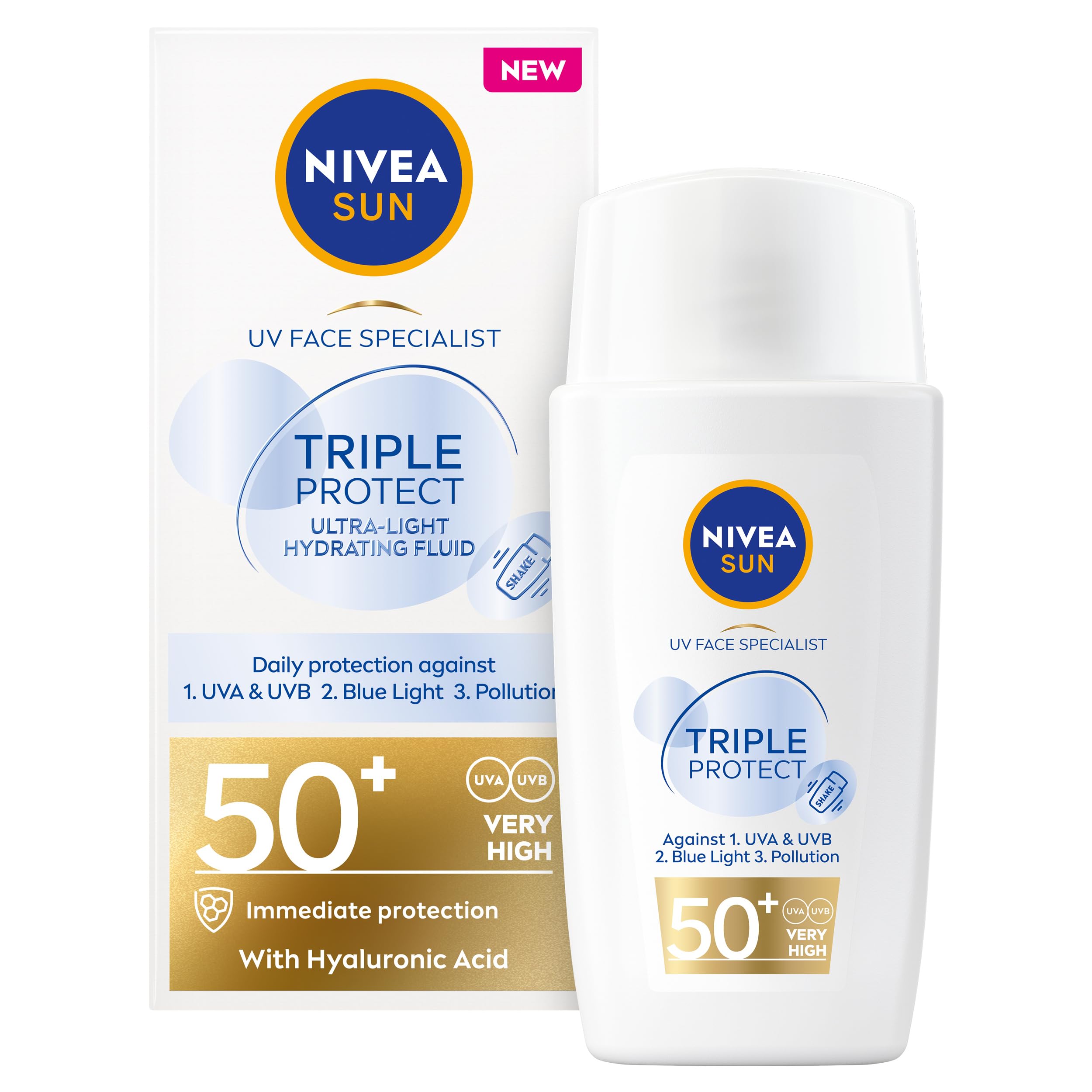 NIVEA SUN Triple Protect Light Sun Fluid SPF50+ (40ml), Face Sun Cream SPF50 with Hyaluron, Protects Against UV, Blue Light and Pollution, Daily Face Sunscreen