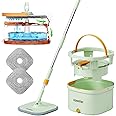HoMettler Spin Mop and Bucket with 2 Microfibra Replaceable Mop Pads, Self Separation Dirty and Clean Water System, Self Wringing 360° Rotating Square Mop-Head