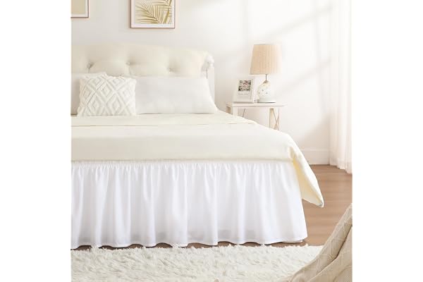 RIMELA White Bed Skirt Queen Size 15 Inch Drop, Elastic Bed Skirting for Adjustable Bed Base & Frame, Bedding Dust Ruffle Eas