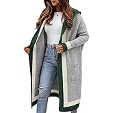 Yimoon Womens Long Cardigan Sweater Color Block Open Front Hooded Cardigan Oversized Knit Sweater OutwearGrey-S)