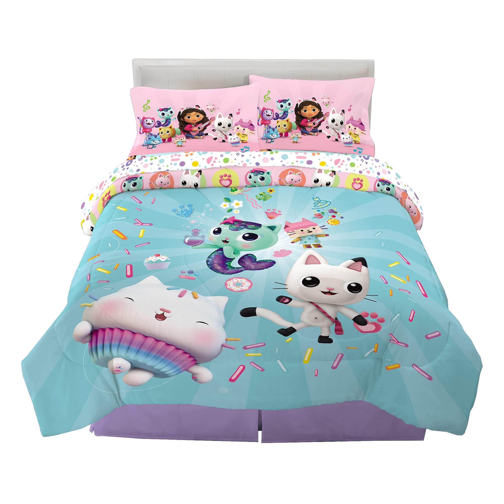 Photo 1 of DreamWorks Gabby's Dollhouse Cakey, MerCat And Pandy Kids Bedding Super Soft Comforter And Sheet Set, 5 Piece Full Size, By Franco.