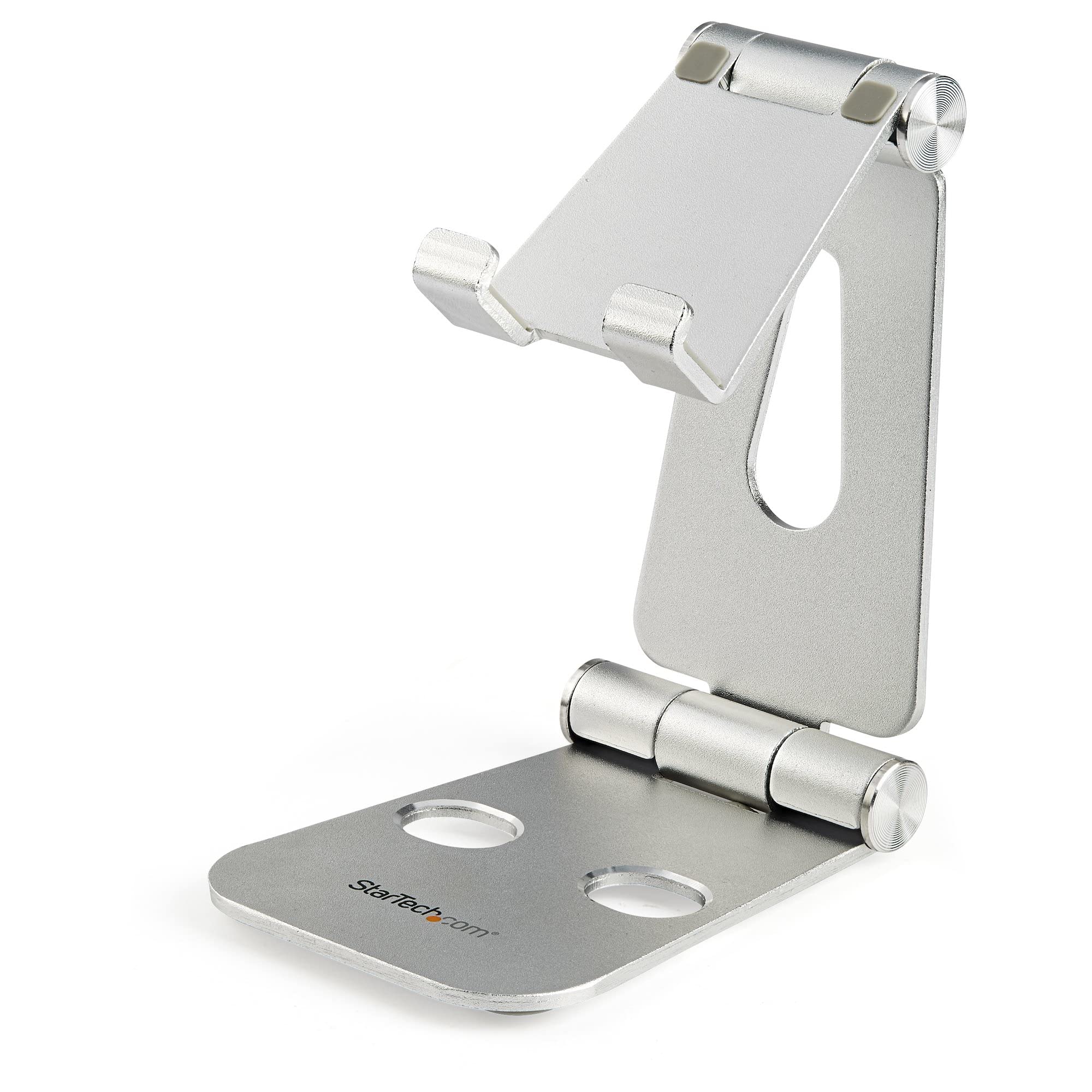 StarTech.com Phone and Tablet Stand - Foldable Universal Mobile Device Holder for Smartphones & Tablets - Adjustable Multi-Angle Ergonomic Cell Phone Stand for Desk - Portable - Silver (USPTLSTND)