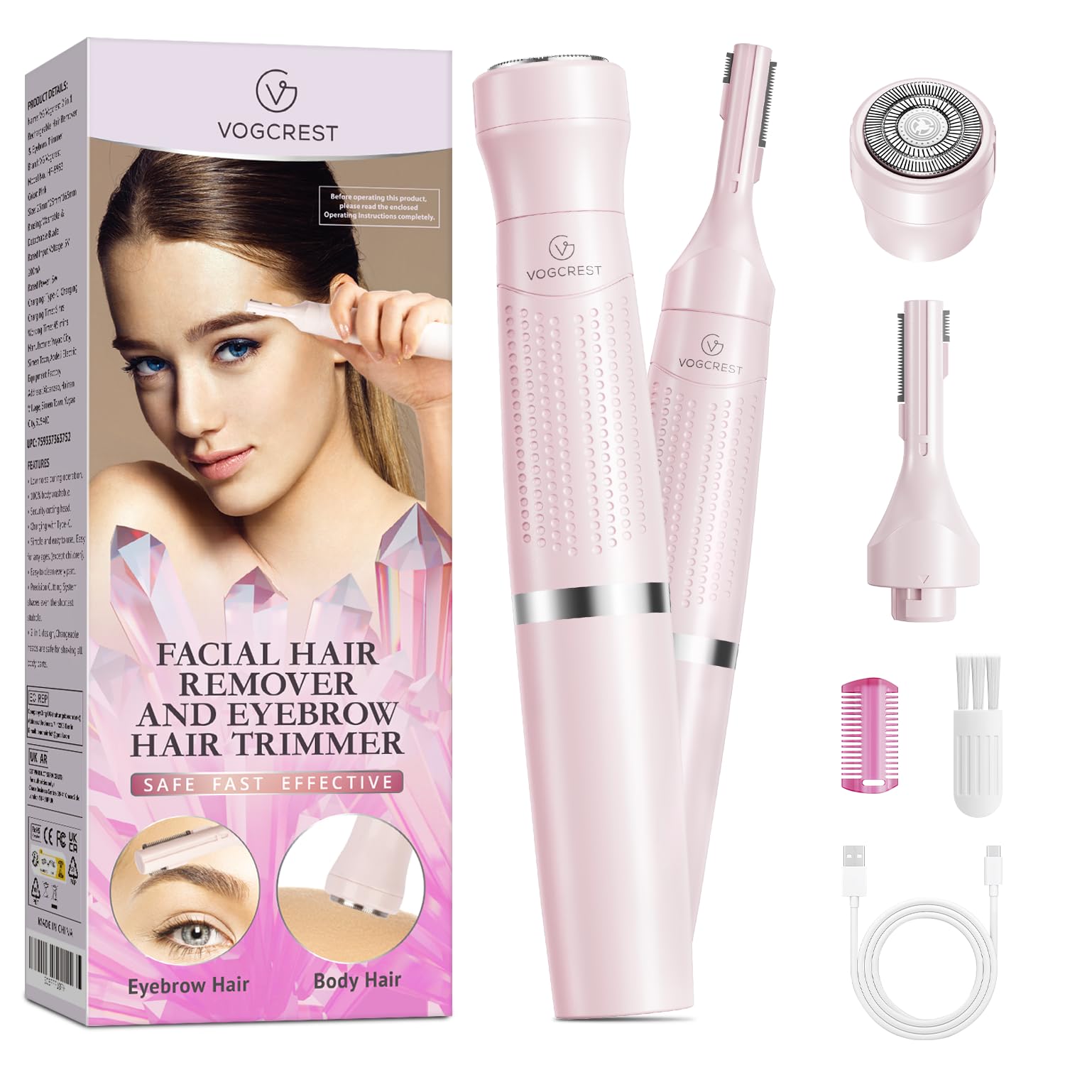 Eyebrow Trimmer & Facial Hair Removal for Women, 2 in 1 Eyebrow Razor and Hair Remover, Rechargeable Painless Eyebrow Lips Body Face Razors for Women