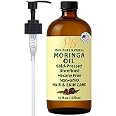 Pomberries Moringa Oil – 100% Pure, Cold-Pressed & Unrefined – Moringa Seed Oil for Face, Skin, Hair & Body – Hydrating, Anti-Aging Moisturizer – 16 fl oz Amber Glass Bottle with Pump